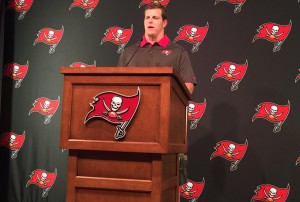 New Bucs guard J.R. Sweezy spoke to the media at One Buc on Thursday – Photo by: Mark Cook/PR