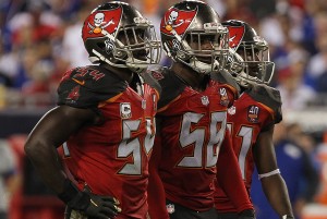 Bucs LBs Lavont David & Kwon Alexander, CB Alterraun Verner - Photo by: Mark Lomoglio/PR