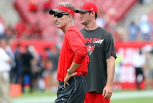 Bucs coach Dirk Koetter & QB Ryan Griffin - Photo by: Cliff Welch/PR