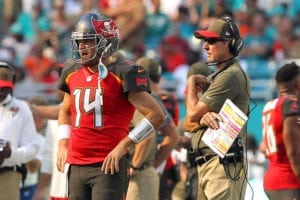 Bucs Qb Ryan Fitzpatrick And Head Coach Dirk Koetter - Photo By: Cliff Welch/Pr