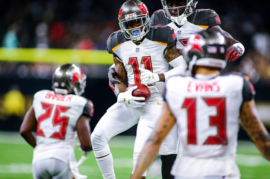 Bucs Wrs Desean Jackson, Chris Godwin And Mike Evans And Rb Peyton Barber - Photo By: Mary Holt/Pr