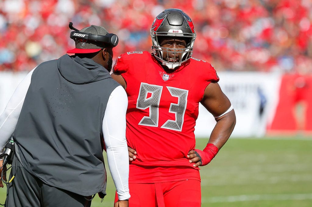 Bucs Dt Gerald Mccoy And Dl Coach Brentson Buckner - Photo By: Cliff Welch/Pr