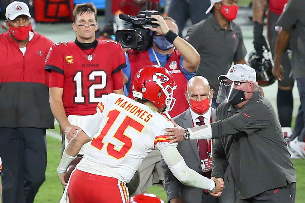 Bucs Head Coach Bruce Arians And Qb Tom Brady And Chiefs Qb Patrick Mahomes