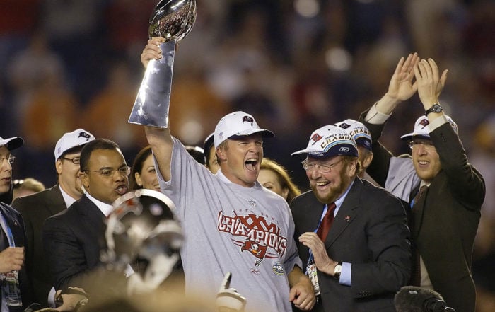 Former Bucs Head Coach Jon Gruden And Owner Malcom Glazer