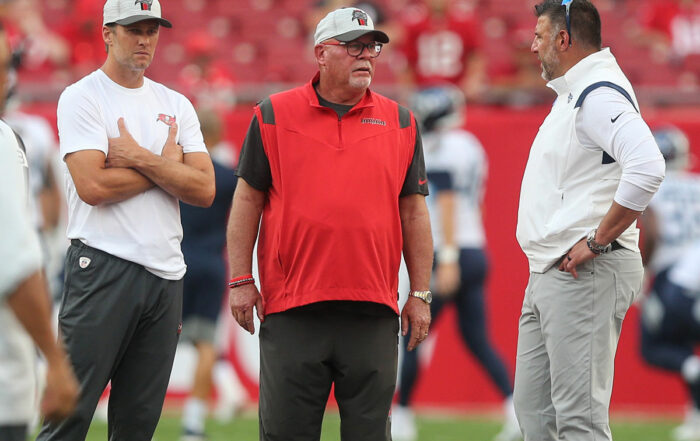 Bucs Head Coach Bruce Arians, Qb Tom Brady And Titans Coach Mike Vrabel