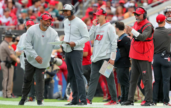 Bucs Ol Coach Harold Goodwin, Oc Byron Leftwich, Head Coach Bruce Arians And Wrs Coach Kevin Garver