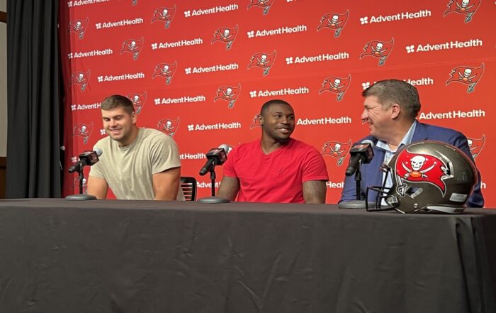 Bucs Gm Jason Licht, Cb Jamel Dean, And Olb Anthony Nelson.
