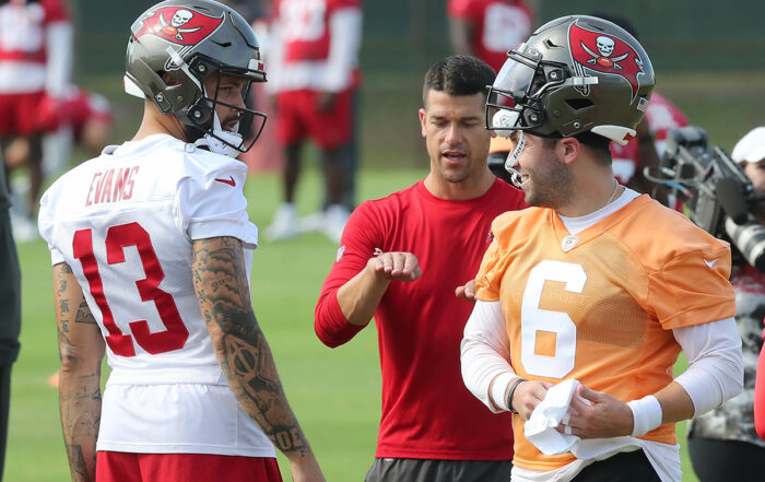 Bucs Wr Mike Evans, Oc Dave Canales And Qb Baker Mayfield