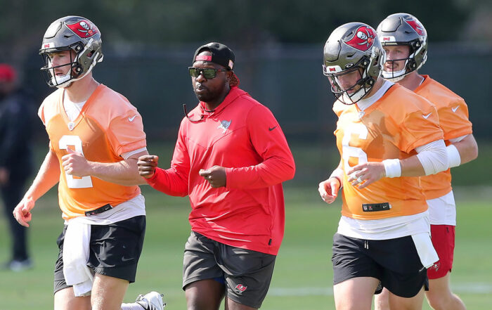 Bucs Qbs Coach Thad Lewis And Qbs Kyle Trask, Baker Mayfield And John Wolford