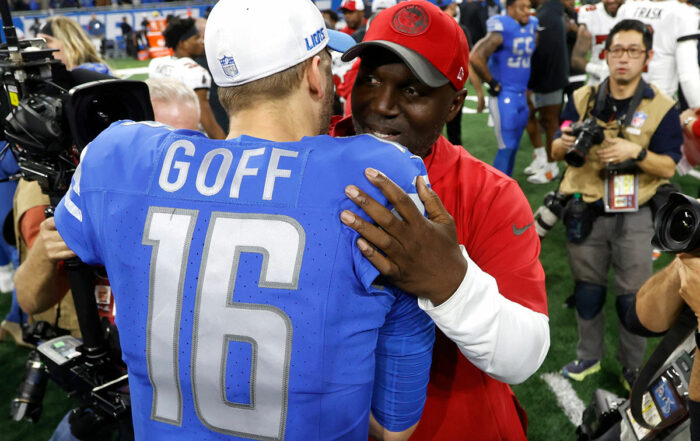 Bucs Head Coach Todd Bowles And Lions Qb Jared Goff