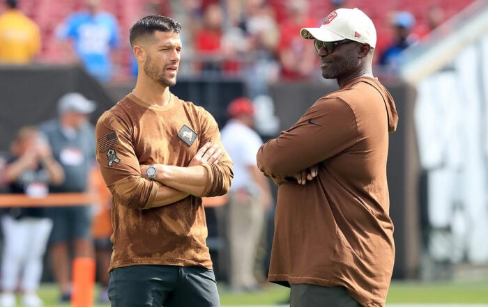 Bucs Offensive Coordinator Dave Canales And Head Coach Todd Bowles