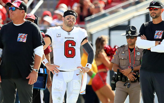 Bucs Gm Jason Licht, Qb Baker Mayfield And Assistant Gm John Spytek