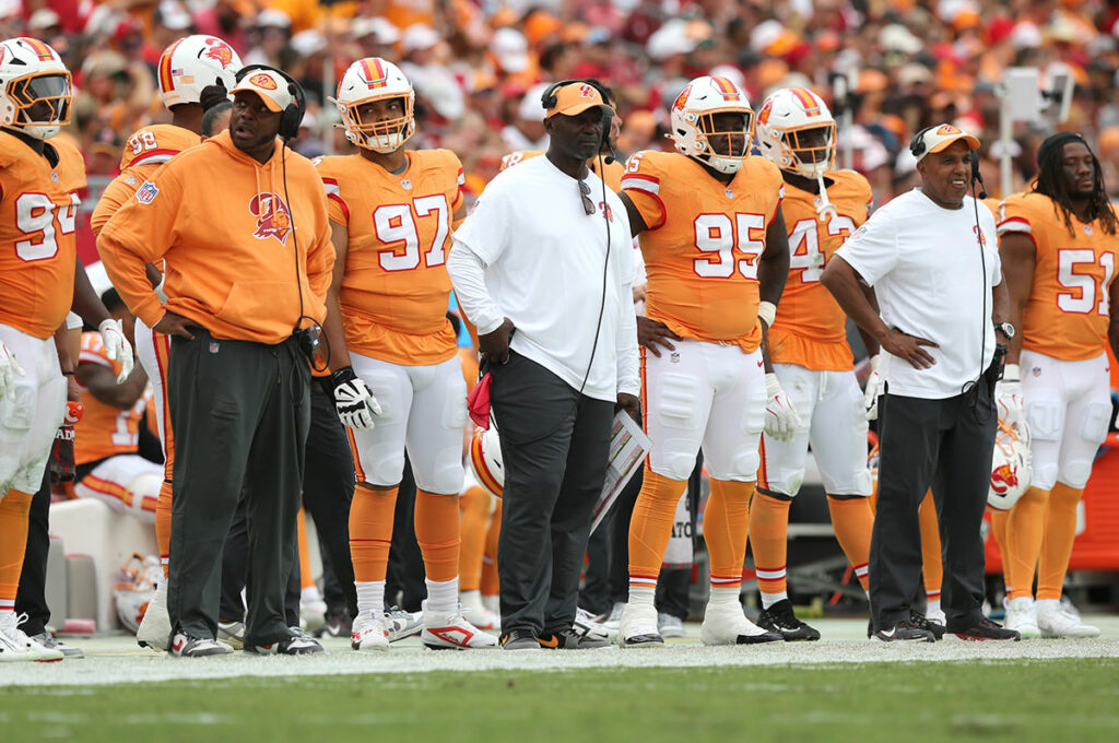 Bucs Dl Coach Kacy Rodgers, Head Coach Todd Bowles And Olbs Coach George Edwards