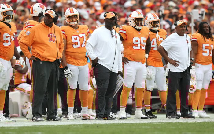 Bucs Dl Coach Kacy Rodgers, Head Coach Todd Bowles And Olbs Coach George Edwards