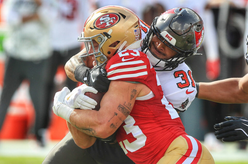 Bucs Vs. 49Ers: Pewter Preview For Week 6 5 Bucs Fs Antoine Winfield Jr. And 49Ers Rb Christian Mccaffrey