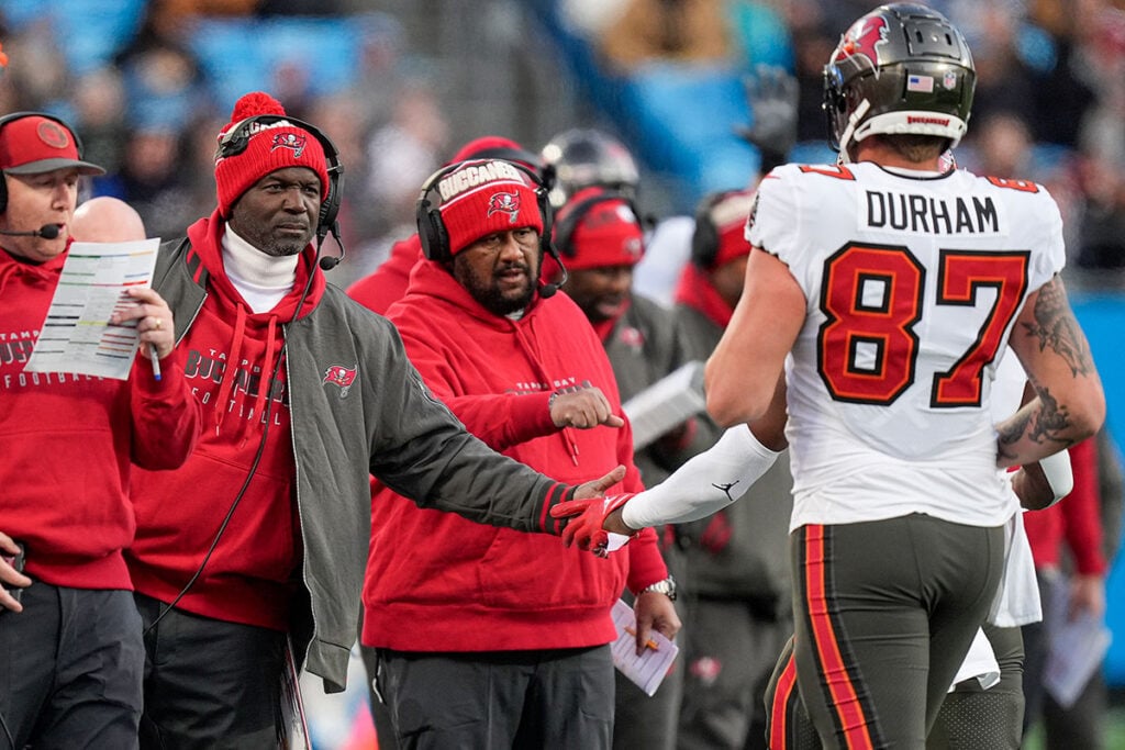 Which Young Bucs Are Fighting To Secure Their Future? 4 Bucs Head Coach Todd Bowles And Te Payne Durham