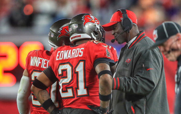 Bucs Head Coach Todd Bowles And Safeties Antoine Winfield Jr. And Mike Edwards