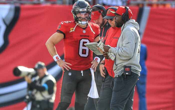 Bucs Qb Baker Mayfield, Oc Liam Coen And Qbs Coach Thad Lewis