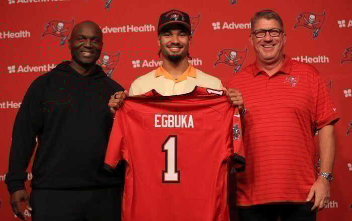 Bucs Head Coach Todd Bowles, Wr Emeka Egbuka And Gm Jason Licht