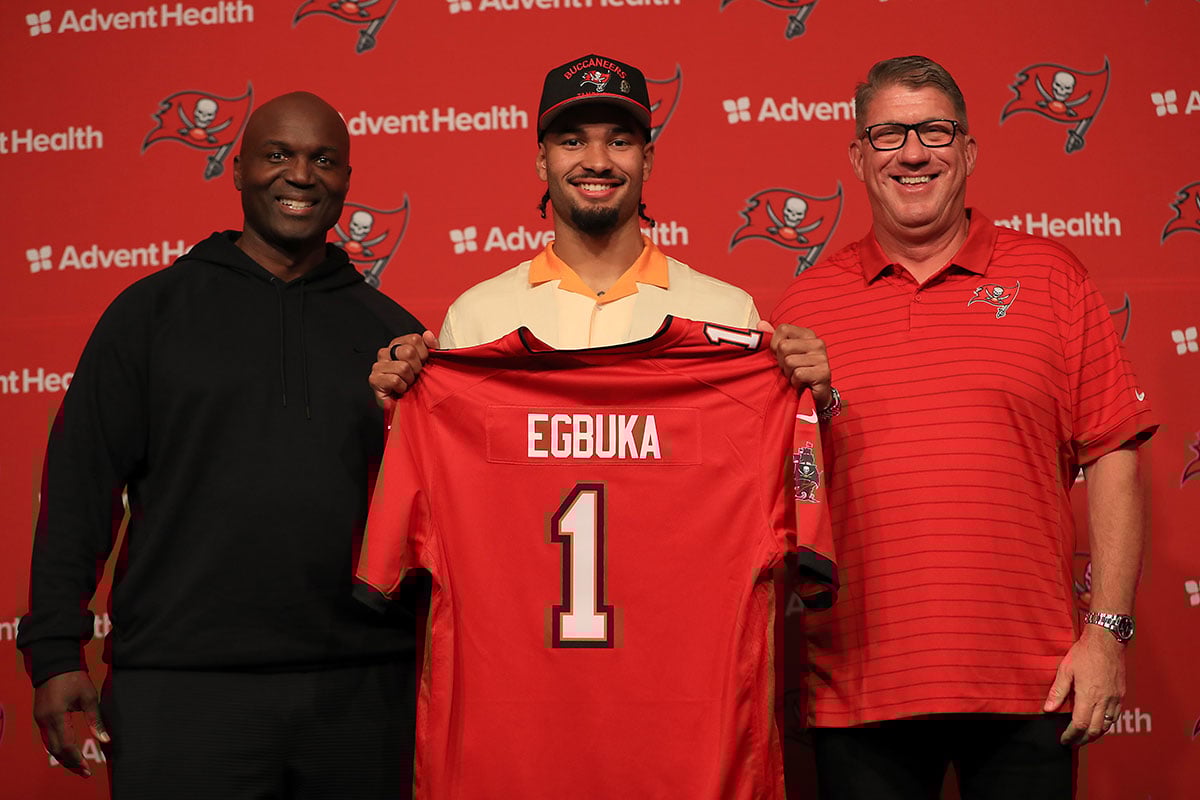 Bucs Head Coach Todd Bowles, Wr Emeka Egbuka And Gm Jason Licht