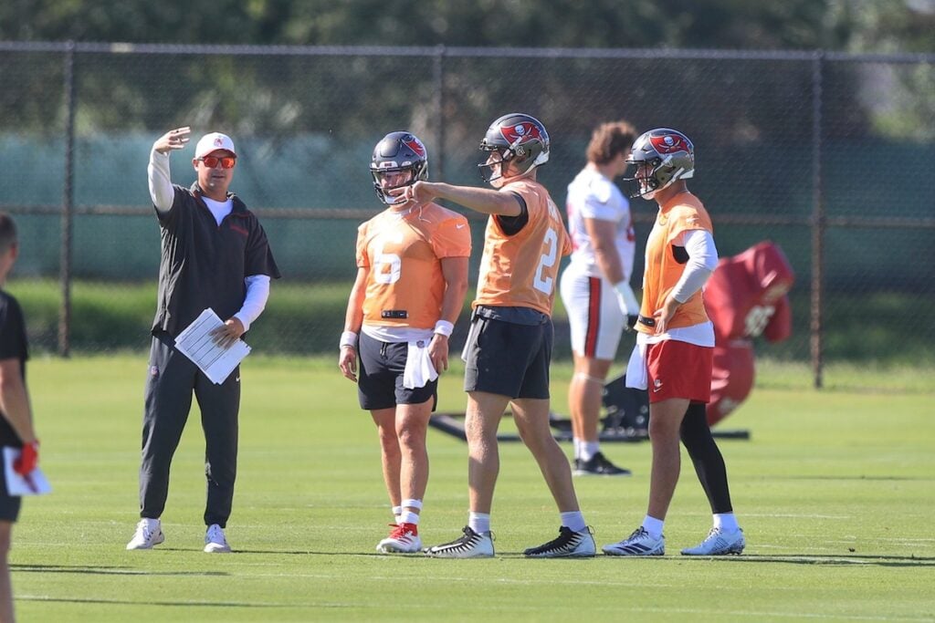 Bucs Mini-Camp Insider 6-11: Baker Throws 3 Picks, But Wr Rebounds 4 Bucs Oc Josh Grizzard And Qbs Baker Mayfield, Kyle Trask And Connor Bazalek - Photo By: Cliff Welch P/R