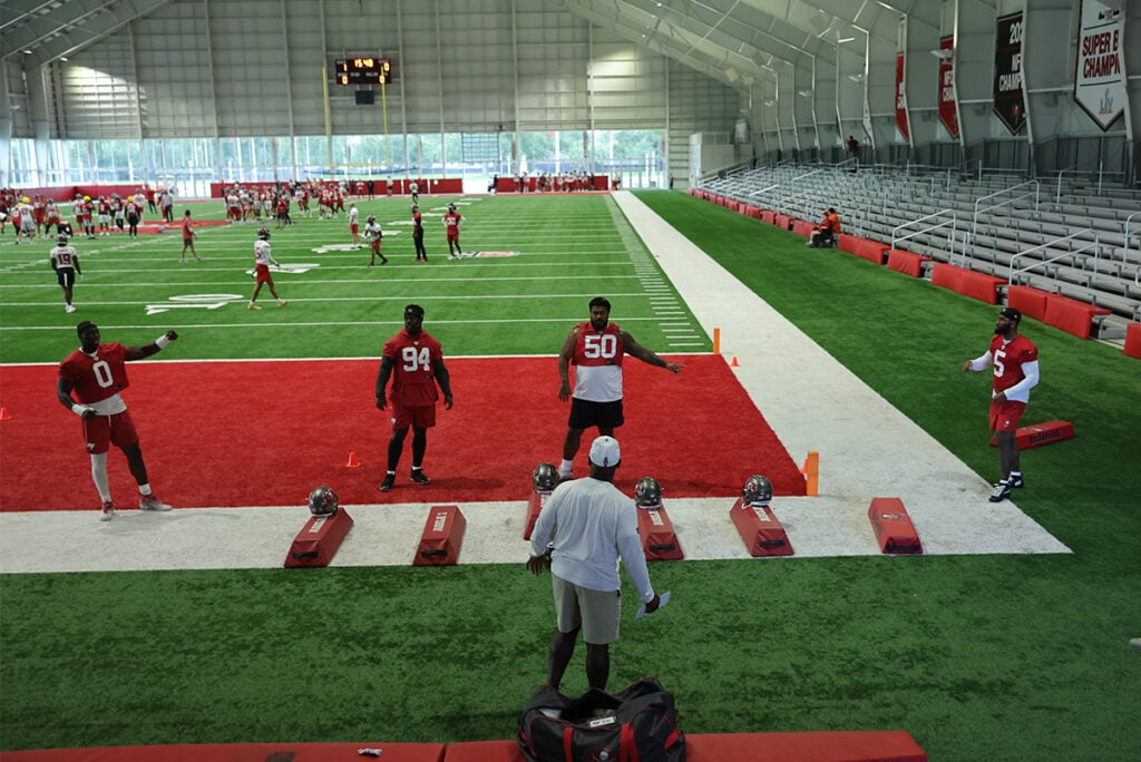 Charlie Strong Eager To Coach Up, Build Trust With Bucs Dts 2 Bucs Dl Coach Charlie Strong, Olb Yaya Diaby, Dts Calijah Kancey And Vita Vea, And Olb Haason Reddick