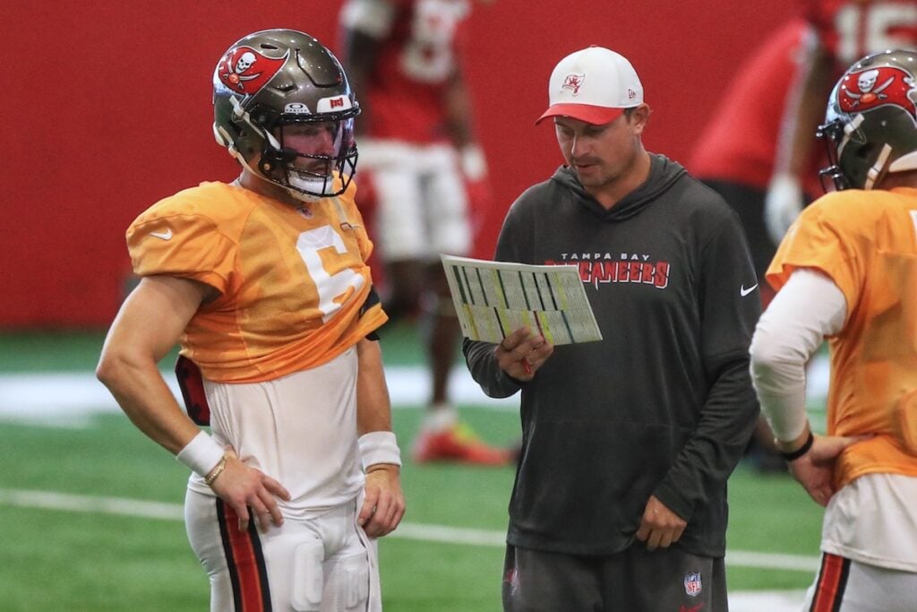 Bucs Oc Josh Grizzard Has Been Challenged Early 5 Bucs Qb Baker Mayfield And Oc Josh Grizzard - Photo By: Cliff Welch P/R