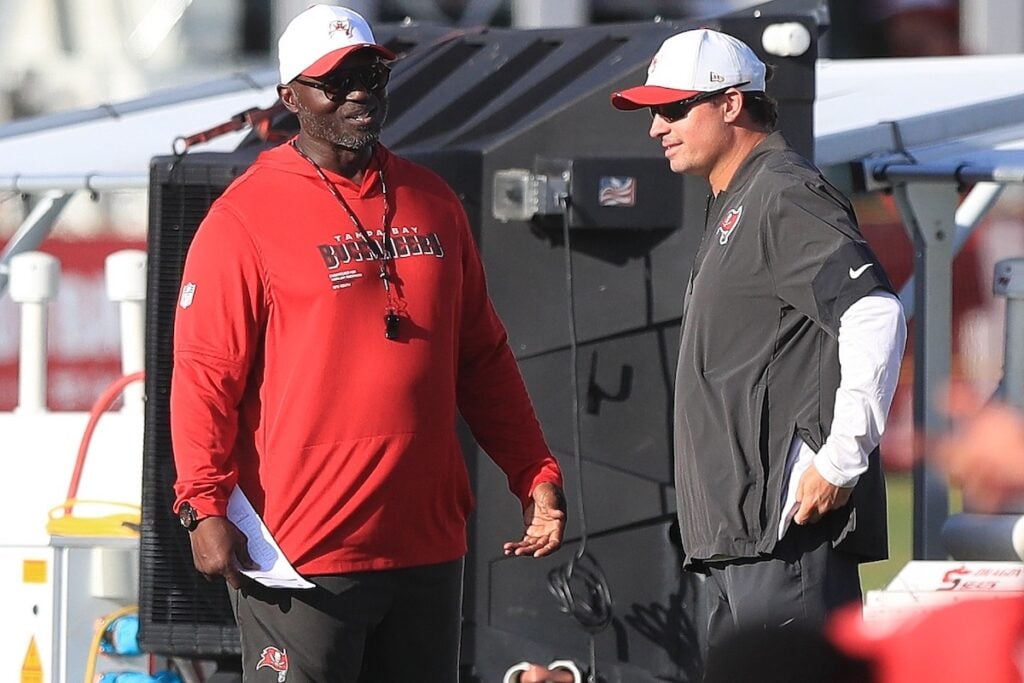 Bucs Camp Insider 8-5: Team Leaders Return, Sloppy Play In Trenches 5 Bucs Hc Todd Bowles And Oc Josh Grizzard - Photo By: Cliff Welch P/R