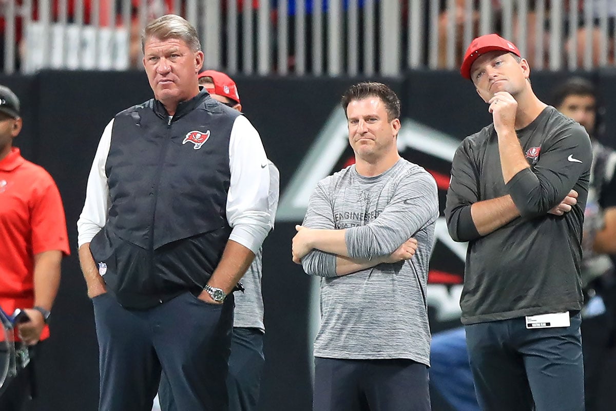 Licht-Jason-Mike-Greenberg-Rob-Mccartney-Bucs-Falcons-Look Bucs Gm Jason Licht And Assistant Gms Mike Greenberg And Rob Mccartney