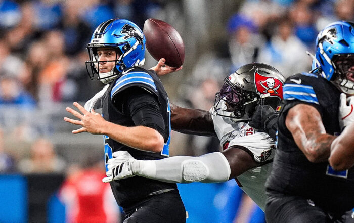 Bucs Olb Yaya Diaby And Lions Qb Jared Goff