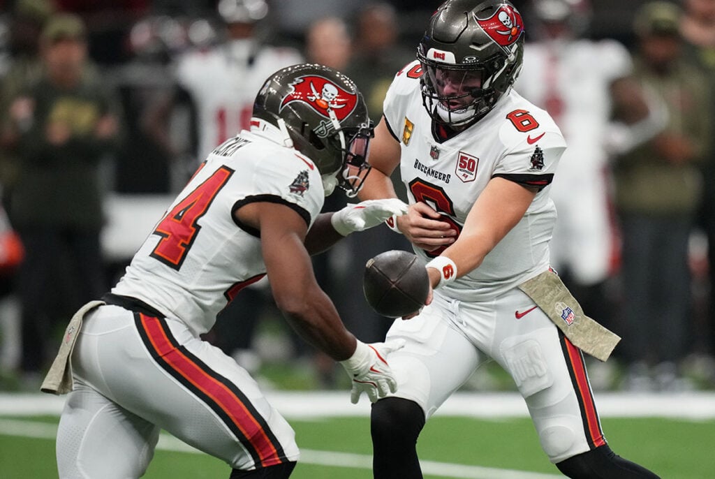 Bucs Defense Dominates In 23-3 Win Over Saints 3 Bucs Rb Sean Tucker And Qb Baker Mayfield