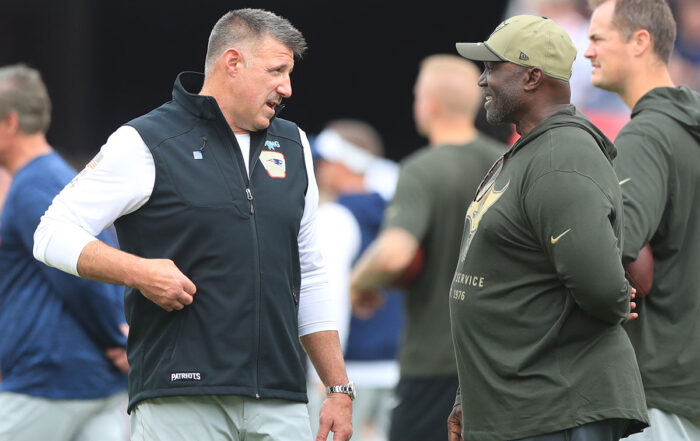 Patriots Head Coach Mike Vrabel And Bucs Head Coach Todd Bowles