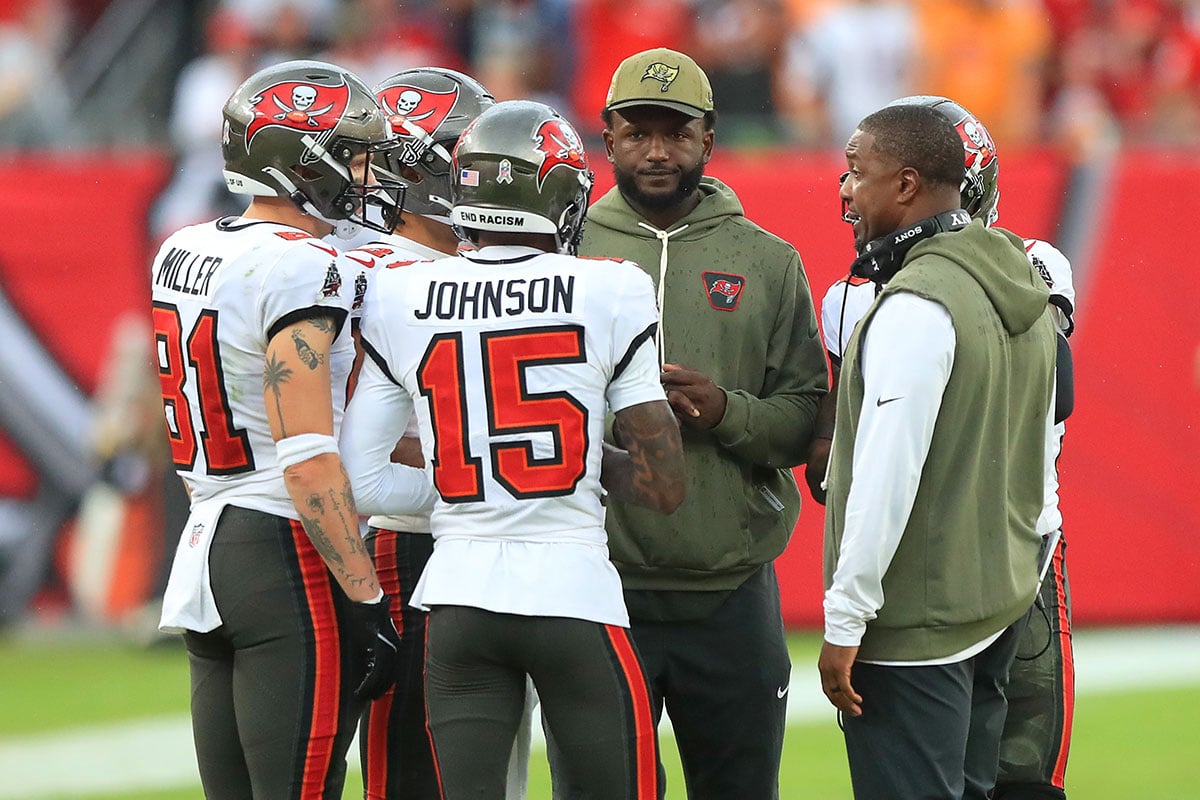 Thrown Into The Fire, Tez Johnson Is Now Fueling Bucs’ Passing Attack 2 Bucs Wrs Chris Godwin, Tez Johnson And Ryan Miller And Wrs Coach Bryan Mcclendon