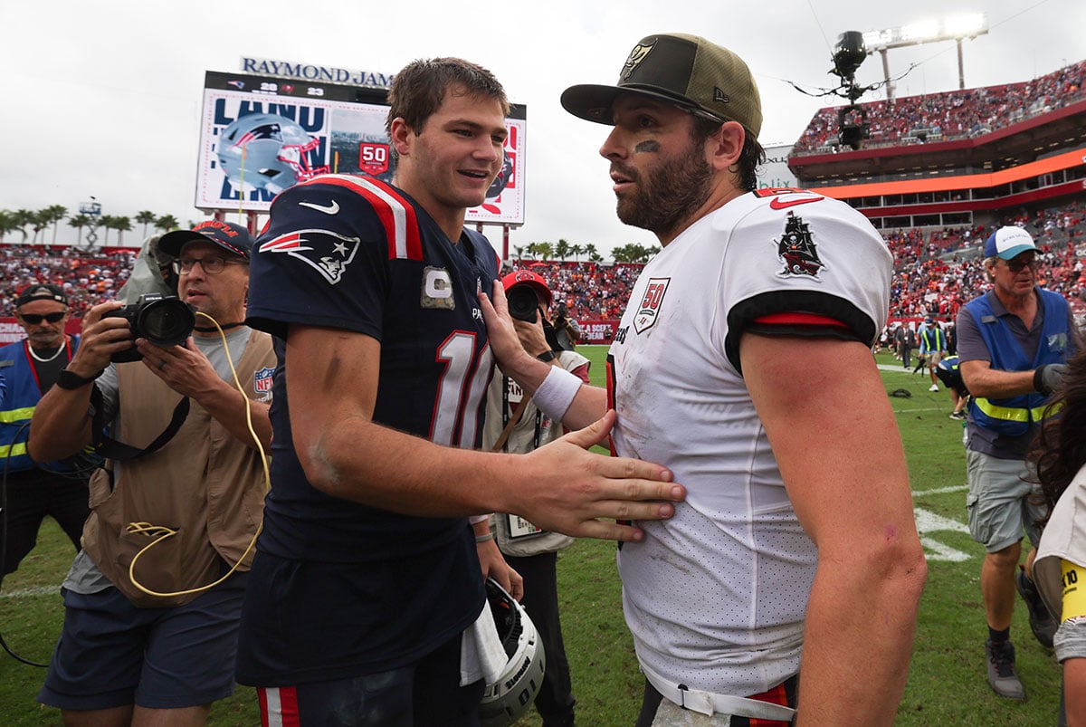Mayfield-Baker-Drake-Maye-Bucs-Patriots-Postgame Patriots Qb Drake Maye And Bucs Qb Baker Mayfield
