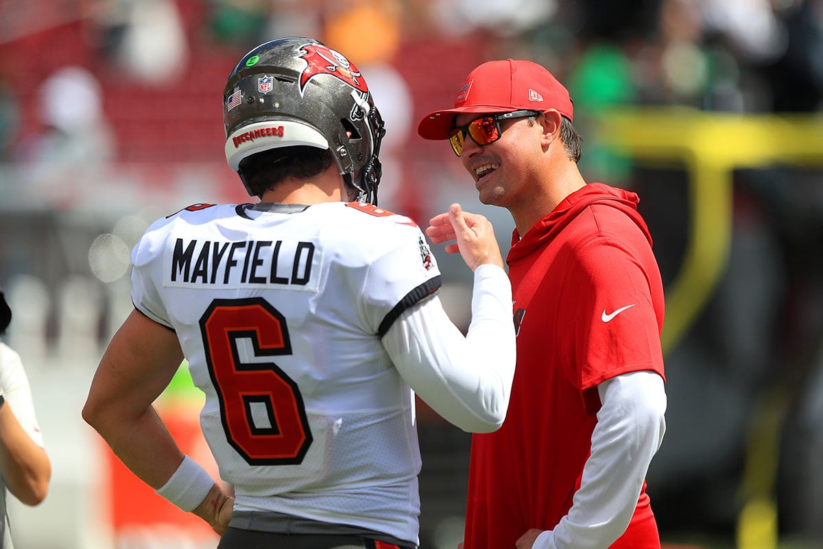 Mayfield-Baker-Josh-Grizzard-Laugh Bucs Qb Baker Mayfield And Oc Josh Grizzard