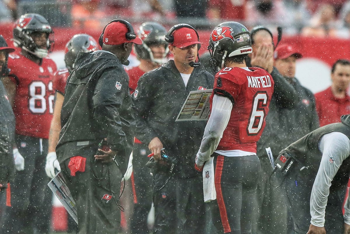 Grizzard-Josh-Baker-Mayfield-Todd-Bowles-Bucs-Saints-Rain Bucs Qb Baker Mayfield, Oc Josh Grizzard And Hc Todd Bowles
