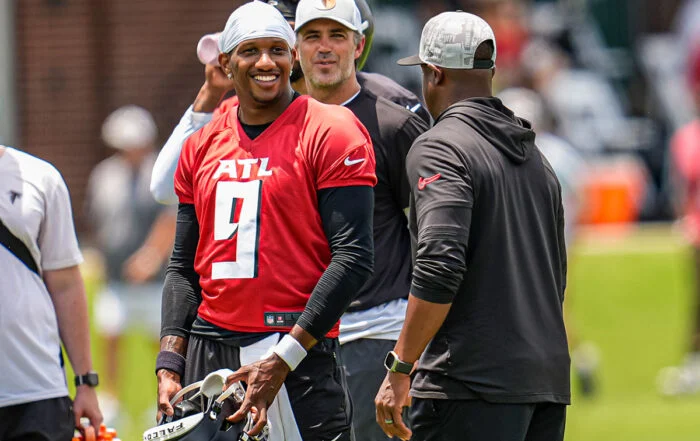 Former Falcons Head Coach Raheem Morris And Falcons Oc Zac Robinson And Qb Michael Penix Jr.