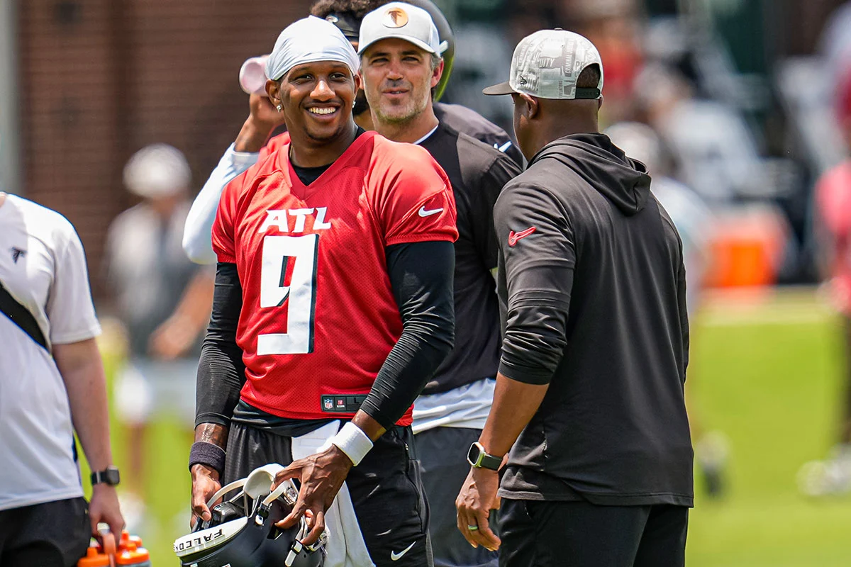 Former Falcons Head Coach Raheem Morris And Falcons Oc Zac Robinson And Qb Michael Penix Jr.