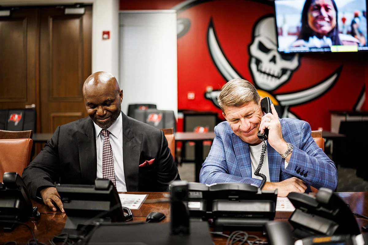 Licht-Jason-Todd-Bowles-Bucs-War-Room-2026-Phone Bucs Head Coach Todd Bowles And Gm Jason Licht