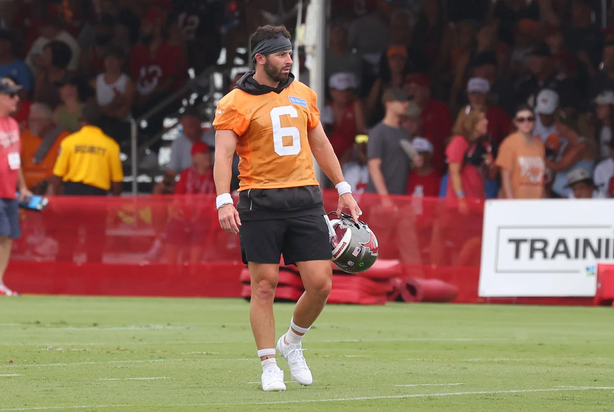 Mayfield-Baker-Bucs-Camp-Helmet-Off-Contemplate Bucs Qb Baker Mayfield