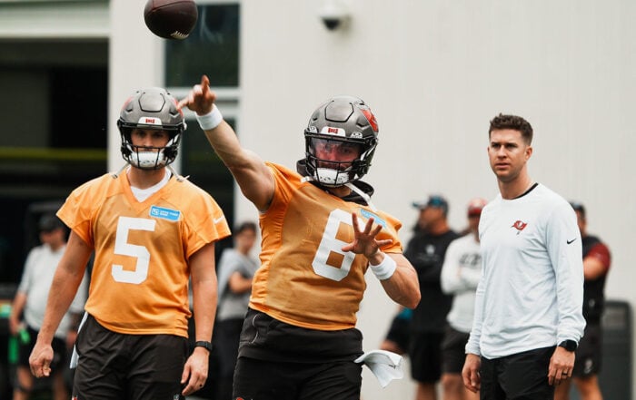 Bucs Qbs Baker Mayfield And Jake Browning And Qbs Coach Chandler Whitmer