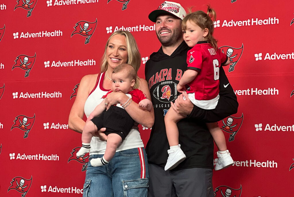 With A New Contract, Baker Mayfield'S Quest For A Super Bowl Continues 2 Bucs Qb Baker Mayfield And Wife Emily And Kids Koko And Maverick